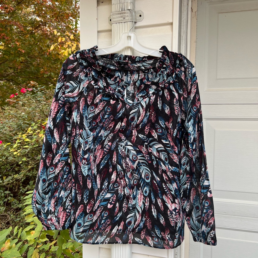 NWT Talbots Pretty Black Multicolored Feathers Ruffle Neck Long Sleeve Blouse
